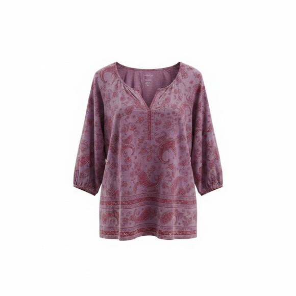 J. Jill Tops - J. Jill Split Neck Border Printed Top Large PETITE LP Purple Cotton Paisley